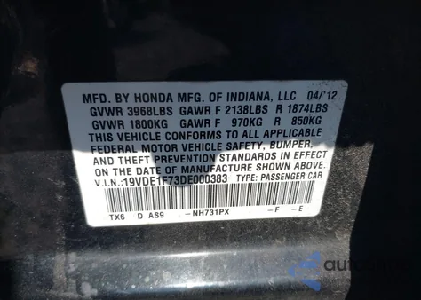 2013 Acura Ilx 2.0L from USA, damaged, VIN 19VDE1F73DE000383